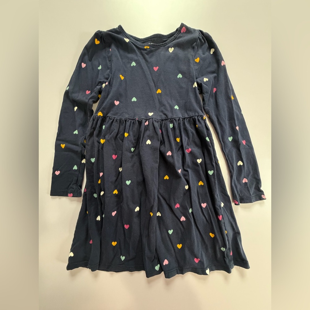 H&M Navy Long-Sleeve Dress with Multicolor Heart Print